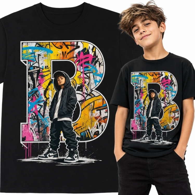 Koszulka chłopięca z graffiti „B” - miejski wzór streetwearowy