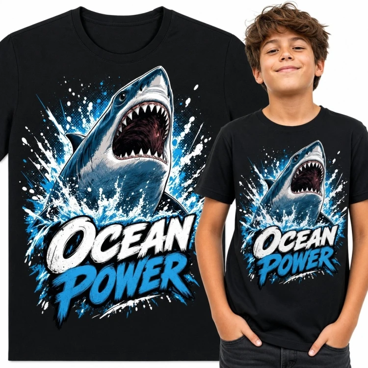 Koszulka chłopięca z rekinem i napisem „Ocean Power” - morski wzór