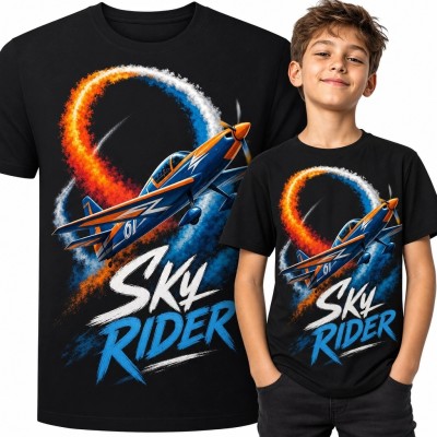 Koszulka chłopięca z samolotem akrobacyjnym „Sky Rider” - lotniczy wzór