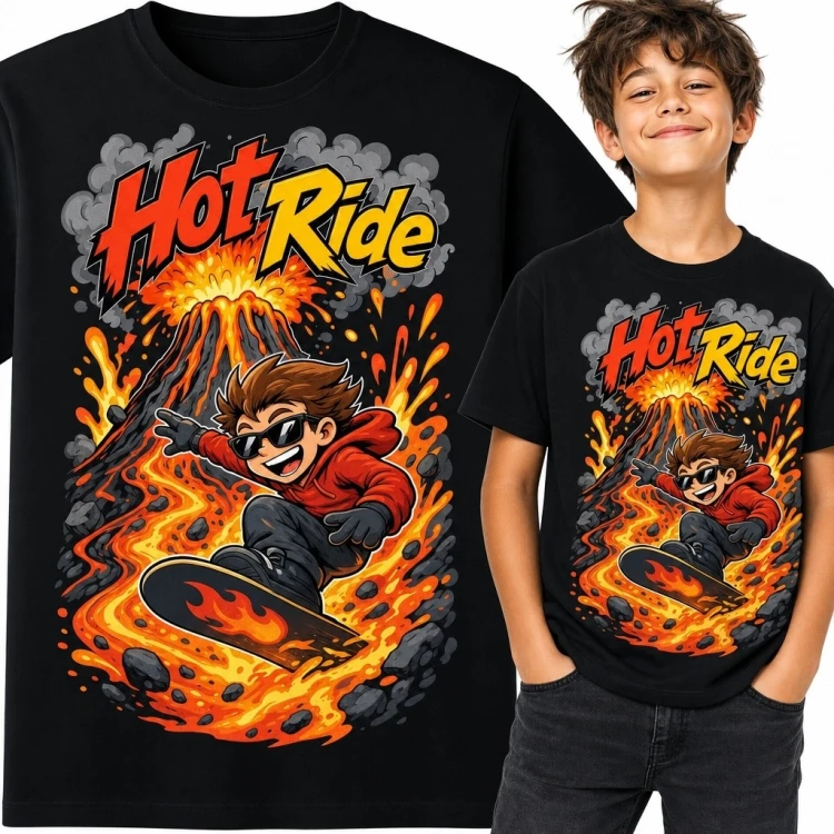 Koszulka chłopięca „Hot Ride” z riderem na lawie i wybuchającym wulkanem