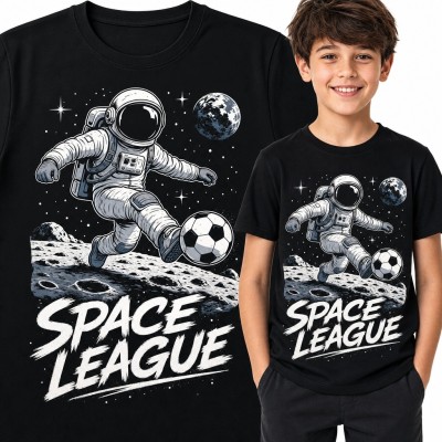 Koszulka chłopięca z astronautą i piłką nożną „Space League” - kosmiczny motyw