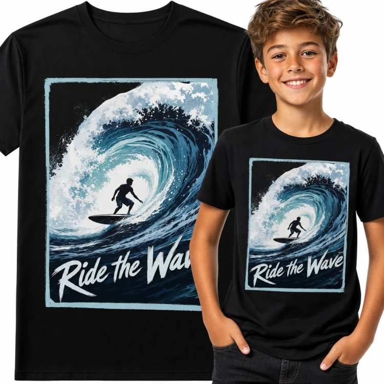 Koszulka chłopięca z surferem „Ride the Wave” - motyw wielkiej fali