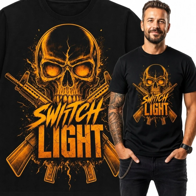 Koszulka męska z czaszką i karabinami „Switch Light” - mroczny militarny wzór