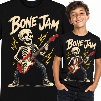 Koszulka chłopięca „Bone Jam” ze szkieletem grającym na gitarze - rockowy motyw