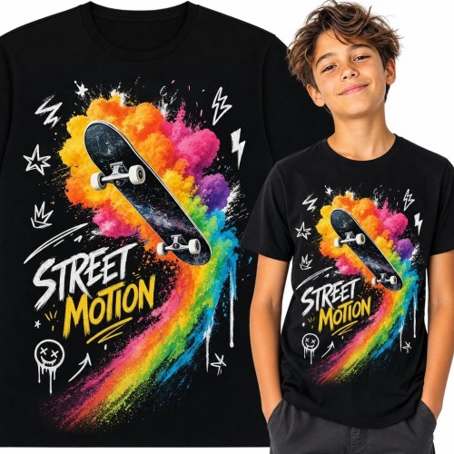 Koszulka chłopięca z deskorolką „Street Motion” - kolorowe graffiti