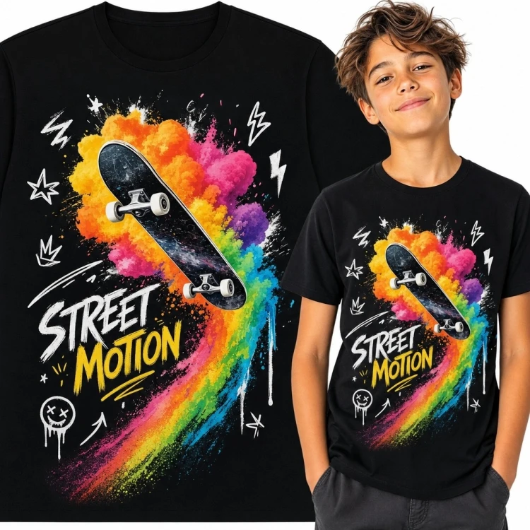 Koszulka chłopięca z deskorolką „Street Motion” - kolorowe graffiti