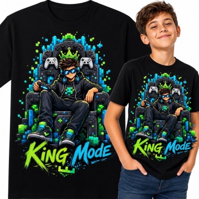 Koszulka chłopięca „King Mode” z graczem na tronie z padów