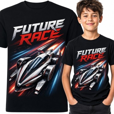 Koszulka chłopięca z futurystycznym bolidem i napisem „Future Race” - motyw wyścigowy