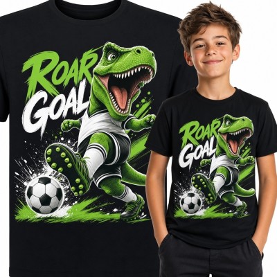 Koszulka chłopięca z T-Rexem grającym w piłkę nożną „Roar Goal” - sportowy dinozaur