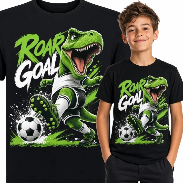 Koszulka chłopięca z T-Rexem grającym w piłkę nożną „Roar Goal” - sportowy dinozaur