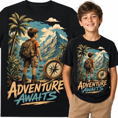 Koszulka chłopięca z motywem podróży „Adventure Awaits” - góry i kompas