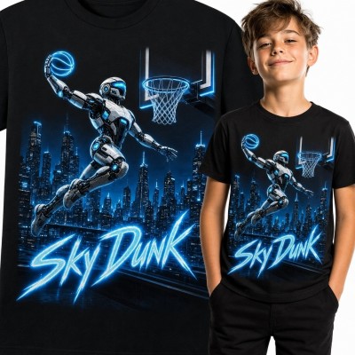 Koszulka chłopięca z robotem koszykarzem „Sky Dunk” - neonowy wsad