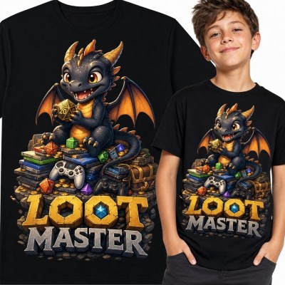 Koszulka chłopięca „Loot Master” ze smokiem graczem - gaming i fantasy