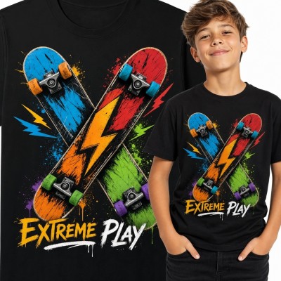 Koszulka chłopięca z deskorolkami i napisem „Extreme Play” - motyw streetwearowy