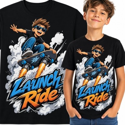 Koszulka chłopięca z rakietową deskorolką „Launch Ride” - komiksowy skater