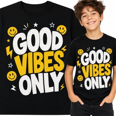 Koszulka chłopięca z napisem „Good Vibes Only” - buźki i błyskawice