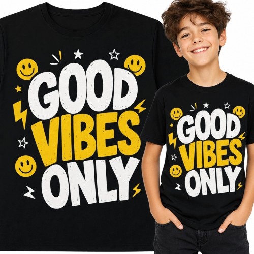 Koszulka chłopięca z napisem „Good Vibes Only” - buźki i błyskawice