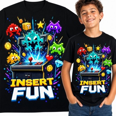 Koszulka chłopięca z automatem arcade i napisem „Insert Fun” - retro gaming
