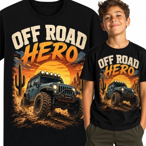 Koszulka chłopięca z terenówką 4x4 „Off Road Hero” - pustynna przygoda