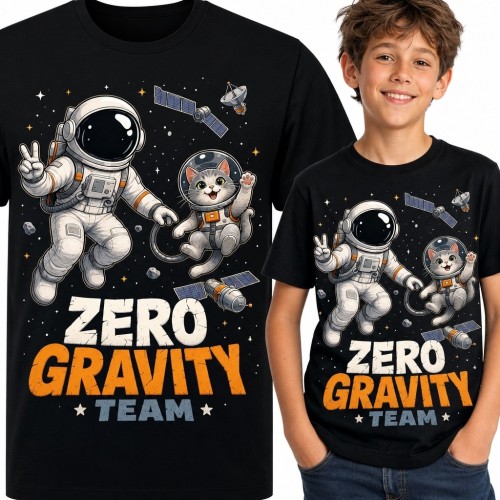 Koszulka chłopięca z astronautą i kotem „Zero Gravity Team” - kosmiczny wzór