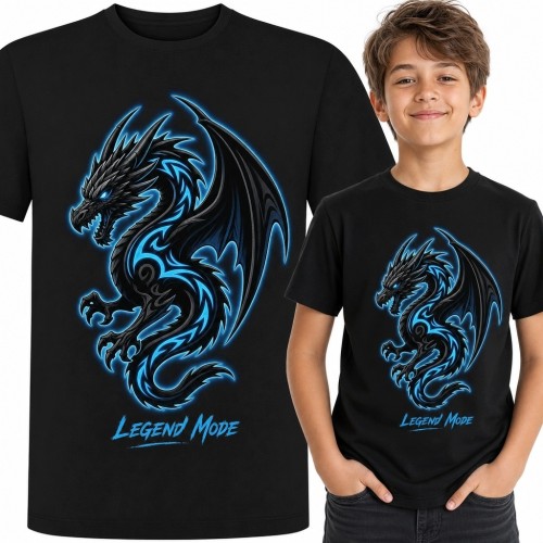 Koszulka chłopięca ze skrzydlatym smokiem i napisem „Legend Mode” - fantasy
