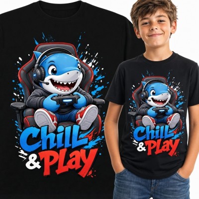 Koszulka chłopięca gamingowa z grającym rekinem „Chill &amp; Play”