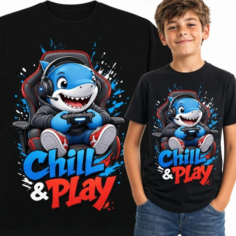 Koszulka chłopięca gamingowa z grającym rekinem „Chill &amp; Play”