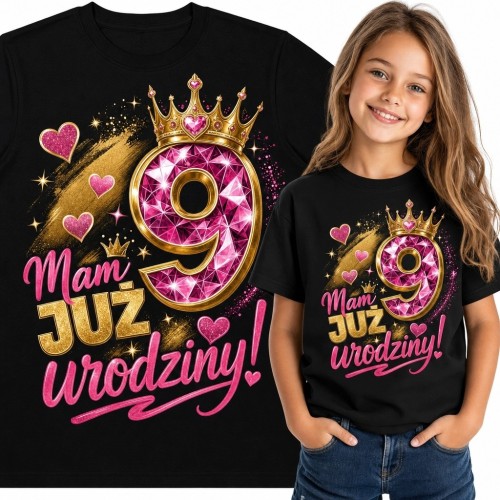 Koszulka dziewczęca na 9 urodziny z koroną - „Mam już 9 urodziny!”