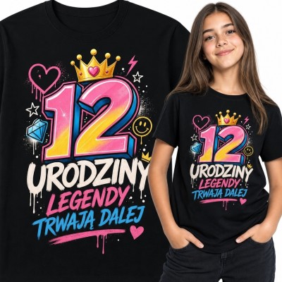 Koszulka dziewczęca na 12 urodziny z koronowaną liczbą 12 - „Urodziny legendy! Trwają dalej”