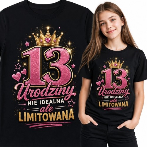 Koszulka dziewczęca na 13 urodziny „Nie idealna ale limitowana” - różowa liczba 13 i korona