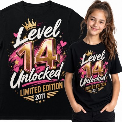 Koszulka dziewczęca „Level 14 Unlocked” na 14 urodziny - gamingowy wzór z koroną