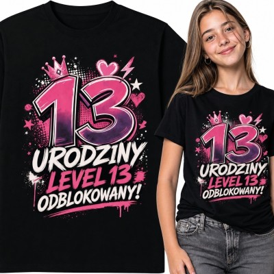 Koszulka dziewczęca na 13 urodziny z gamingowym nadrukiem „Level 13 odblokowany!”