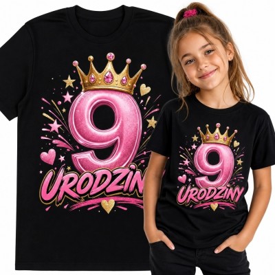 Koszulka dziewczęca na 9 urodziny z cyfrą „9” w złotej koronie