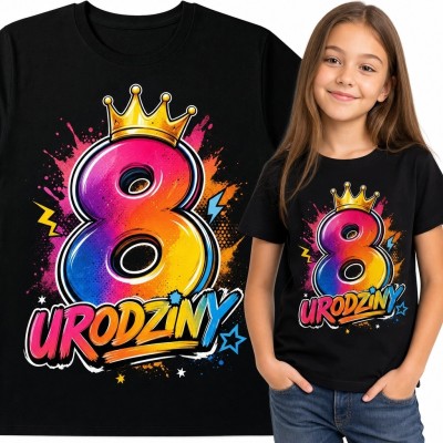 Koszulka dziewczęca na 8 urodziny z cyfrą „8” i napisem „Urodziny” - kolorowe graffiti