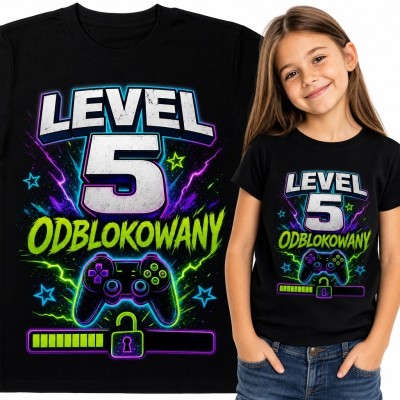 Koszulka dziewczęca gamingowa z kontrolerem „Level 5 odblokowany”