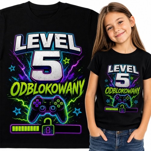 Koszulka dziewczęca gamingowa z kontrolerem „Level 5 odblokowany”