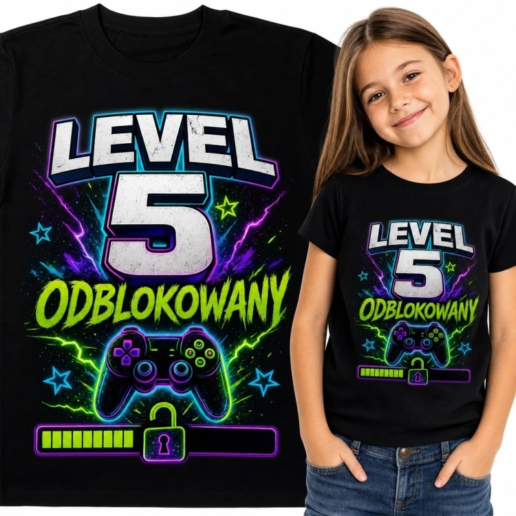 Koszulka dziewczęca gamingowa z kontrolerem „Level 5 odblokowany”
