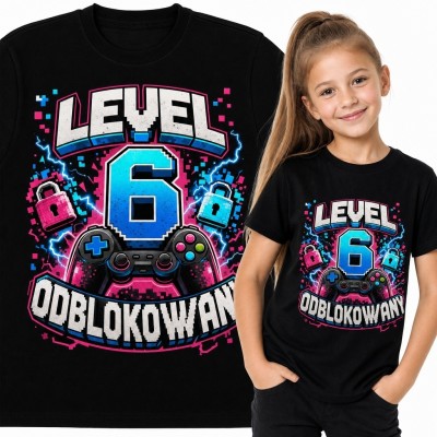 Koszulka dziewczęca na 6 urodziny „Level 6 odblokowany” - gamingowy motyw z kontrolerem