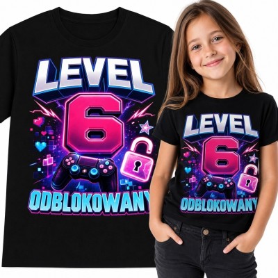 Koszulka dziewczęca na 6 urodziny - gamingowa „Level 6 odblokowany”
