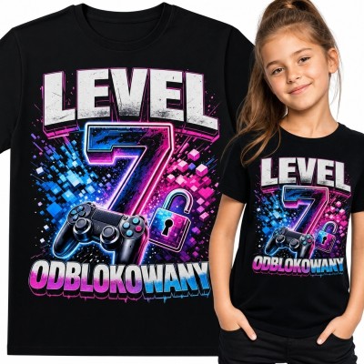 Koszulka dziewczęca na 7 urodziny - gamingowy motyw „Level 7 odblokowany”