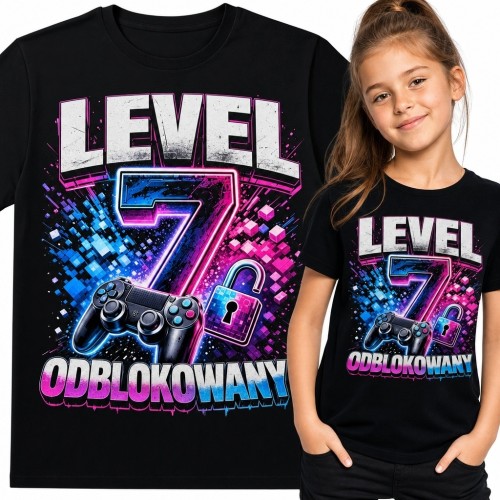 Koszulka dziewczęca na 7 urodziny - gamingowy motyw „Level 7 odblokowany”