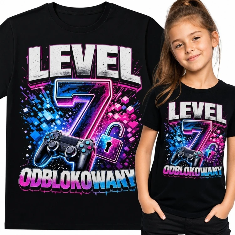 Koszulka dziewczęca na 7 urodziny - gamingowy motyw „Level 7 odblokowany”