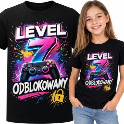 Koszulka dziewczęca z kontrolerem „Level 7 odblokowany” na 7 urodziny