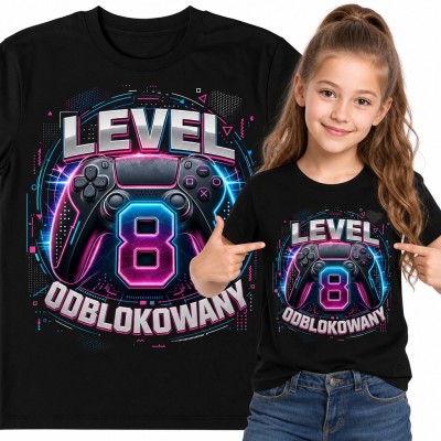 Koszulka dziewczęca gamingowa na 8 urodziny z kontrolerem i napisem „Level 8 odblokowany”