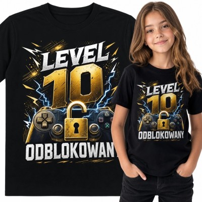 Koszulka dziewczęca na 10 urodziny - gamingowy wzór „Level 10 odblokowany”