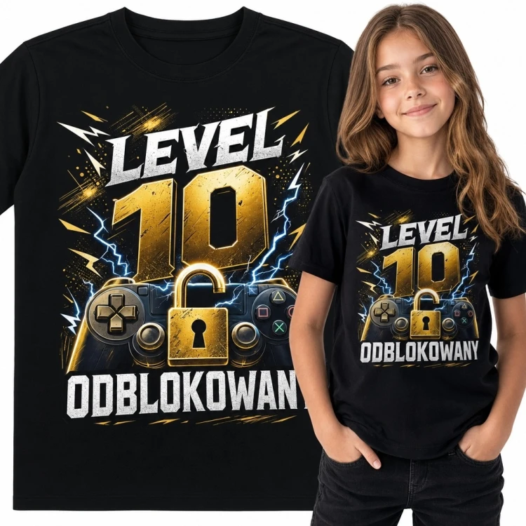 Koszulka dziewczęca na 10 urodziny - gamingowy wzór „Level 10 odblokowany”