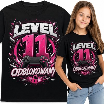 Koszulka dziewczęca gamingowa na 11 urodziny - „Level 11 odblokowany”
