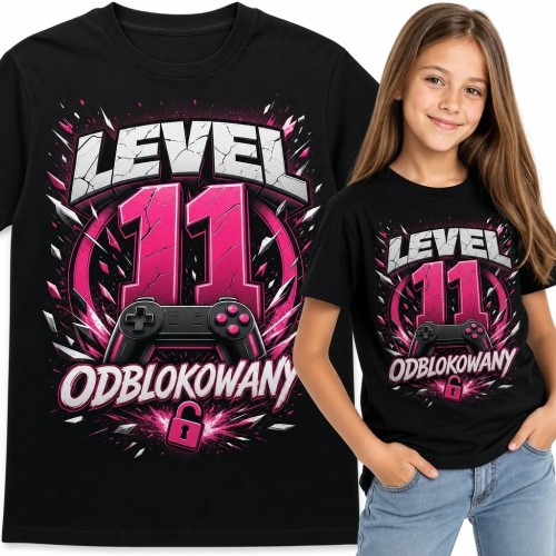 Koszulka dziewczęca gamingowa na 11 urodziny - „Level 11 odblokowany”