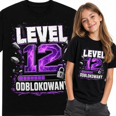 Koszulka dziewczęca na 12 urodziny z gamingowym motywem - „Level 12 odblokowany”