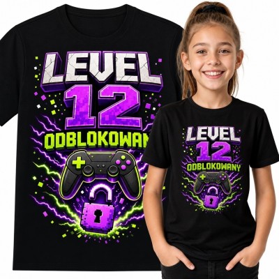 Koszulka dziewczęca dla graczki na 12 urodziny - „Level 12 odblokowany”